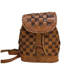 Vtg Moroccan Woven Leather Backpack Purse Tan Brown Drawstring Flap Small Boho